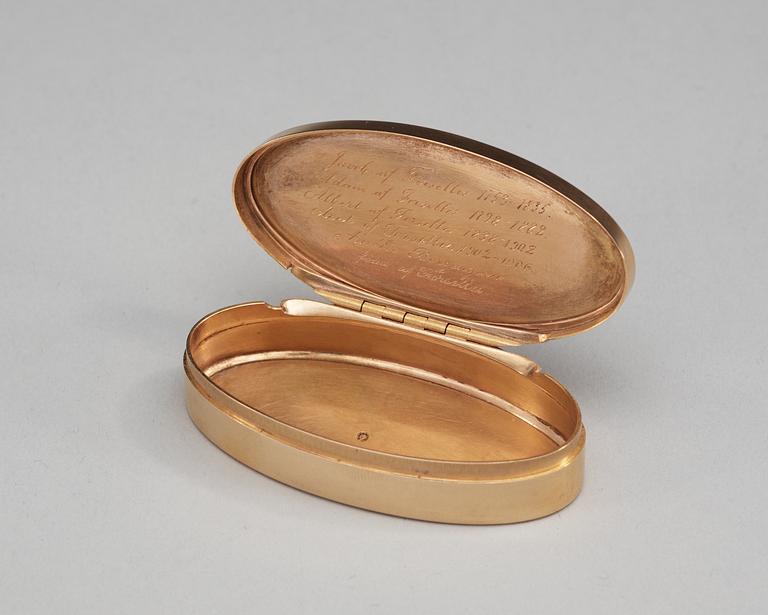 A Swedish 18th century gold snuff-box, makers mark of Frans Wilhelmsson, Stockholm 1786.