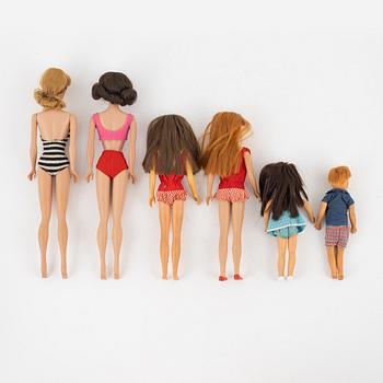 Barbie, dockor, 6 st, Bl a Barbie no 7 samt Skipper, vintage, 1960-tal.
