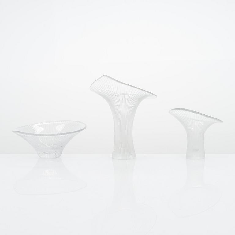 Tapio Wirkkala, three 'Chanterelle' glass vases, signed Tapio Wirkkala, Iittala, two dated, -55 and -56.