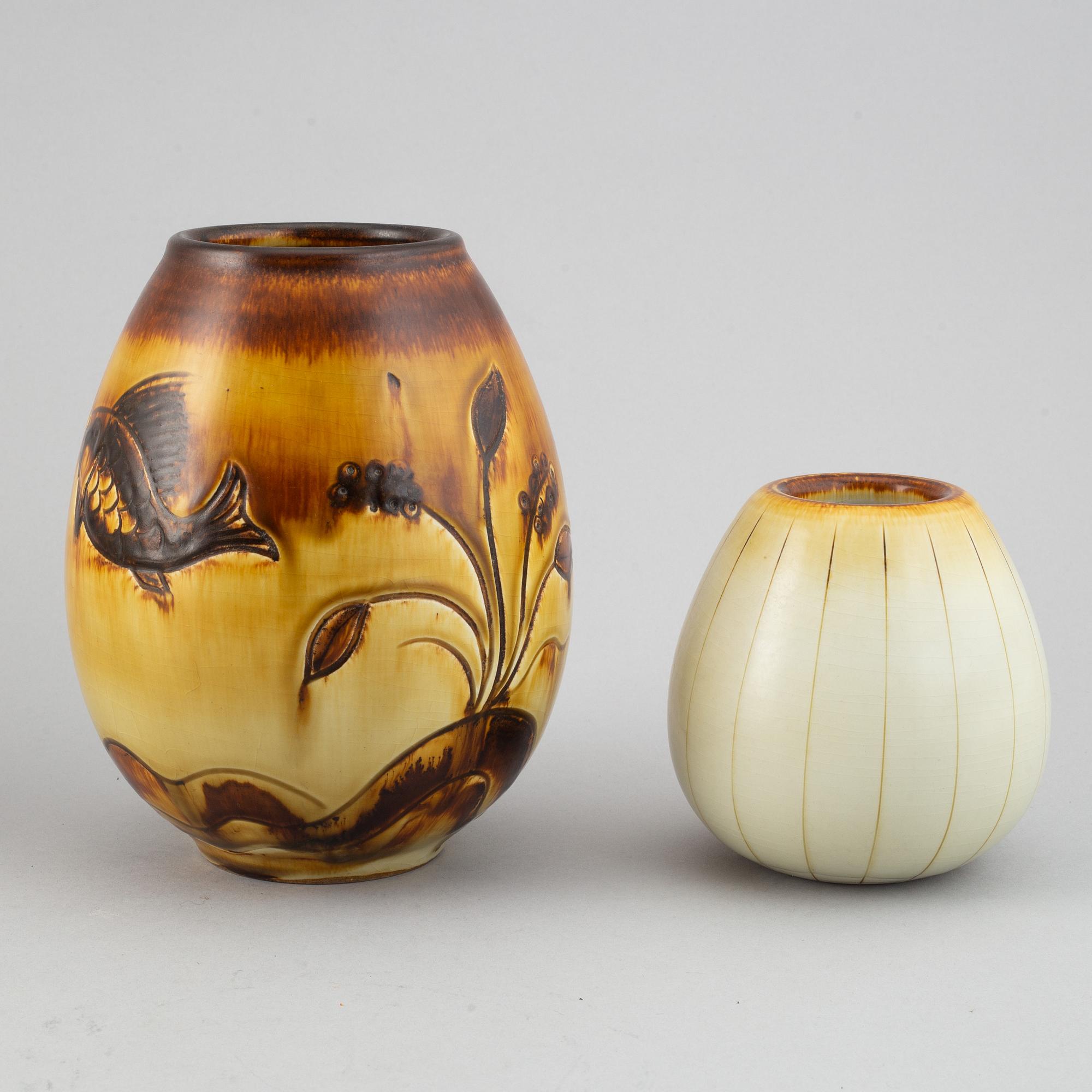 Gertrud Lönegren, two stoneware vases and a plate, Rörstrand, 1936-1941.
