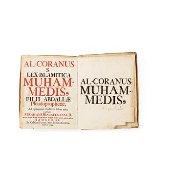 849. KORAN, ABRAHAM HINCKELMANN (1652-1695, RED). Al Coranus Sive Lex Islamatica Muhammedis, Hamburg 1694.