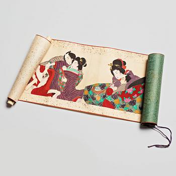 747. MAKIMONO/RULLMÅLNING, shunga, tusch och färg på siden. Meiji (1868-1912).