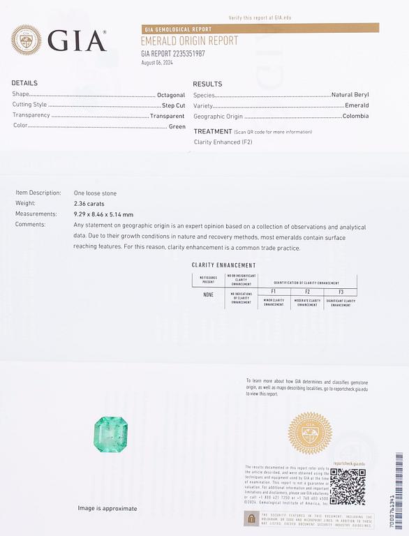 Ring, with an octagonal step-cut emerald and diamonds. Accompanied by GIA certificate.