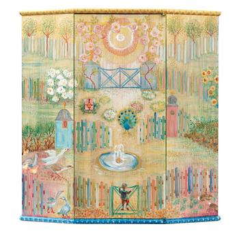 A Carl Malmsten wall hanging cabinet, 'Pluntan', decorated by Liselotte Malmsten 1994,