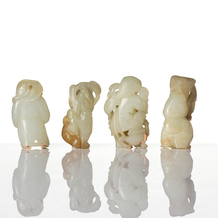 Figuriner, fyra stycken, jade. Qingdynastin, 1800-/1900-tal.