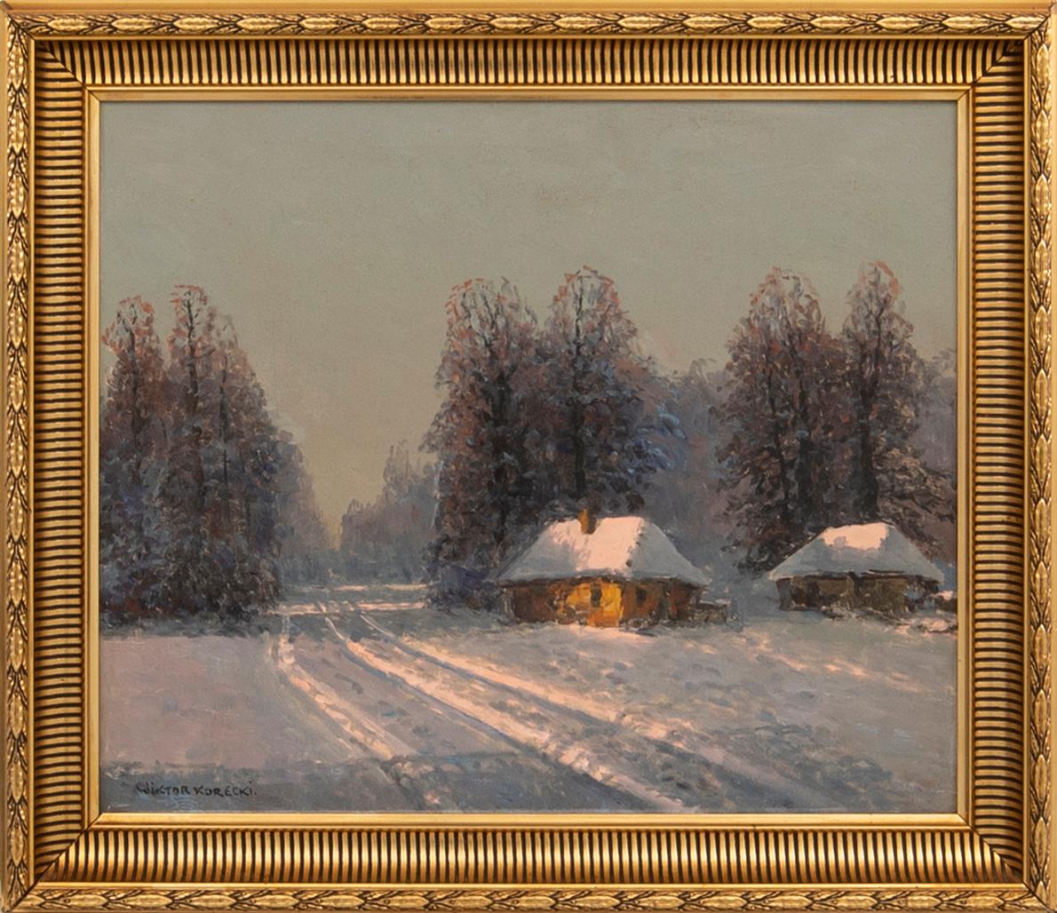 Wiktor Korecki, Landscape with Buildings in Winter Attire.