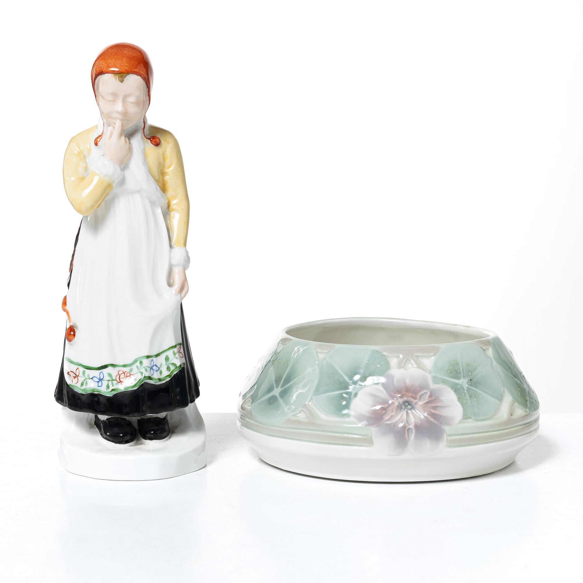 Hilma Persson-Hjelm, "Jössehärad", a porcelain figurine and an Art Nouveau bowl, Rörstrand, early 20th century.