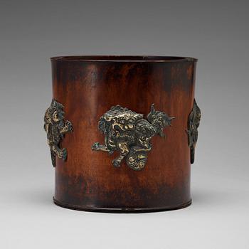 A wooden scroll/brush pot, late Qing dynasty.