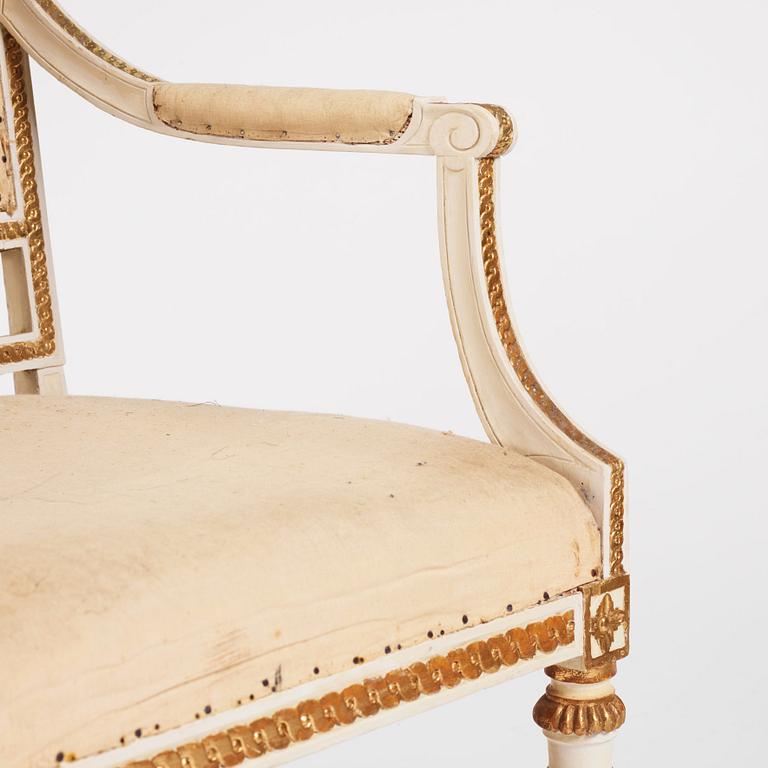 A pair of Gustavian open armchairs by J. Lindgren (master in Stockholm 1770-1800).