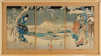 Utagawa Hirogshige I, i samarbete med Toyokuni III, efter. Färgträsnitt, triptyk, Japan, 1800-tal.