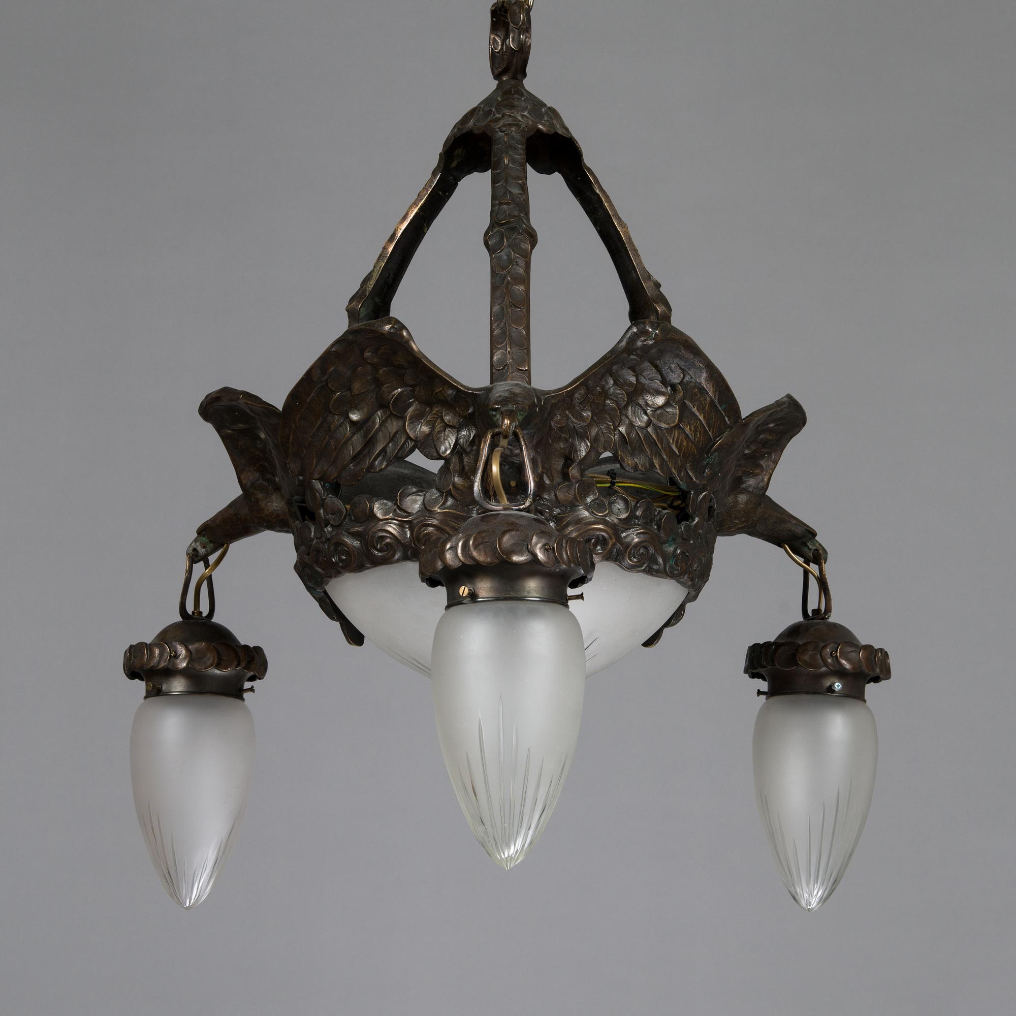 A Jugend style patinated bronze pendant ceiling light from the early 1900s, Böhlmarks, Sweden.