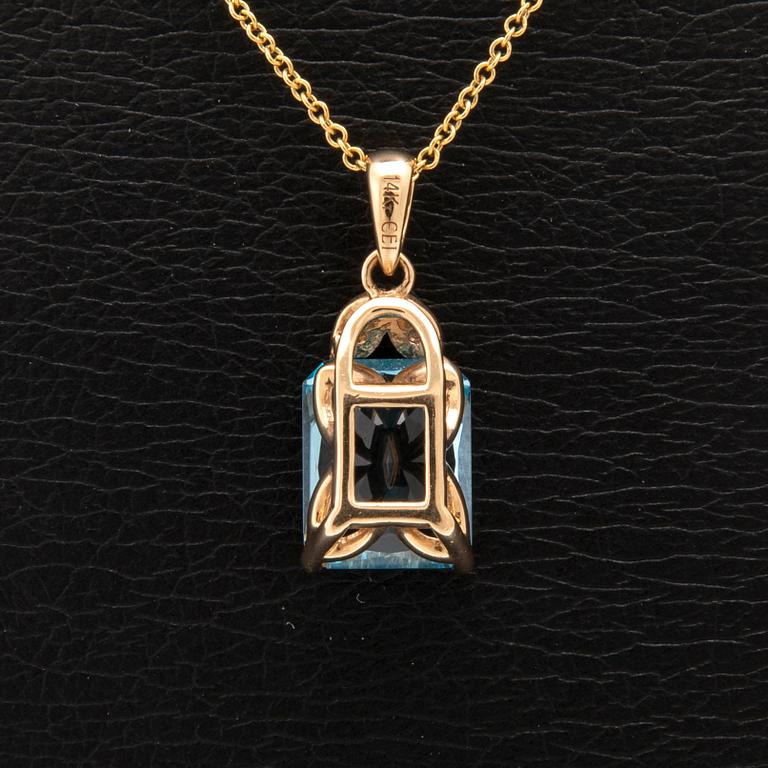 Halsband 14K guld med trappslipad blå topas och runda briljantslipade diamanter.