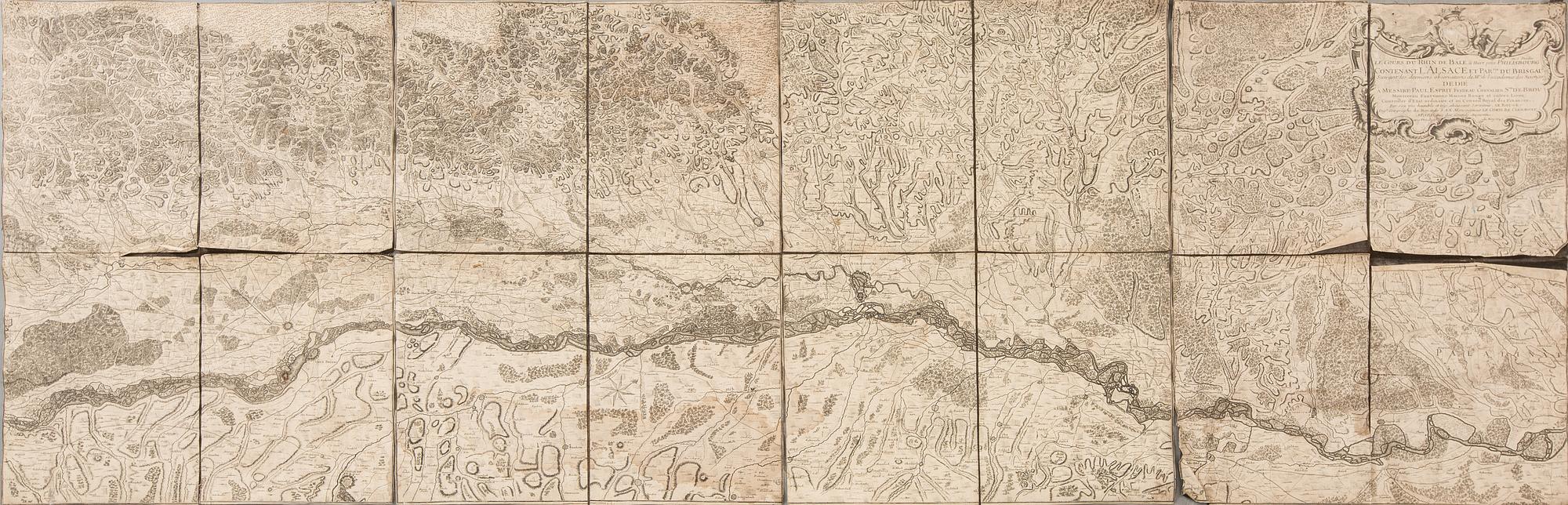 KARTA, Rhendalen, "Le Cours du Rhin de bale", le Rouge, Paris 1745, kopparstick.