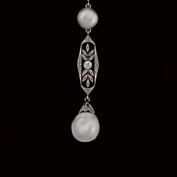 An Edwardian natural saltwaterpearl, cert from GPL, and diamond necklace. Total carat weight of diamonds circa 1.95 cts.