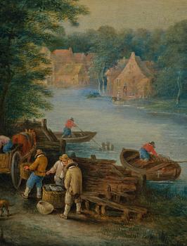 Theobald Michau, attributed to, Landscape with figures, domesticated animals, and boats by the river.