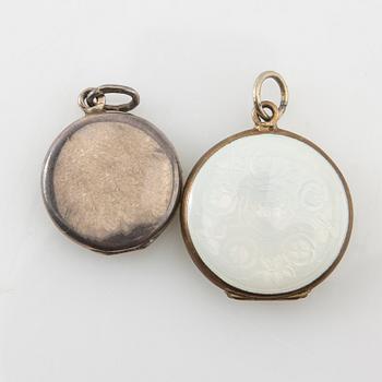Two pendants and five brooches made of silver and enamel, including Aksel Holmsen, Norway, circa 1900.