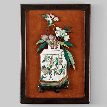 85. A framed enamel placque, late Qing dynasty, 19th Century.