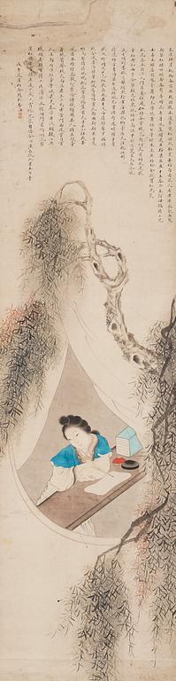 A Chinese painting, ink and water colour on paper of an elegant lady in thoughts, Qing dynasty, 19th Century.