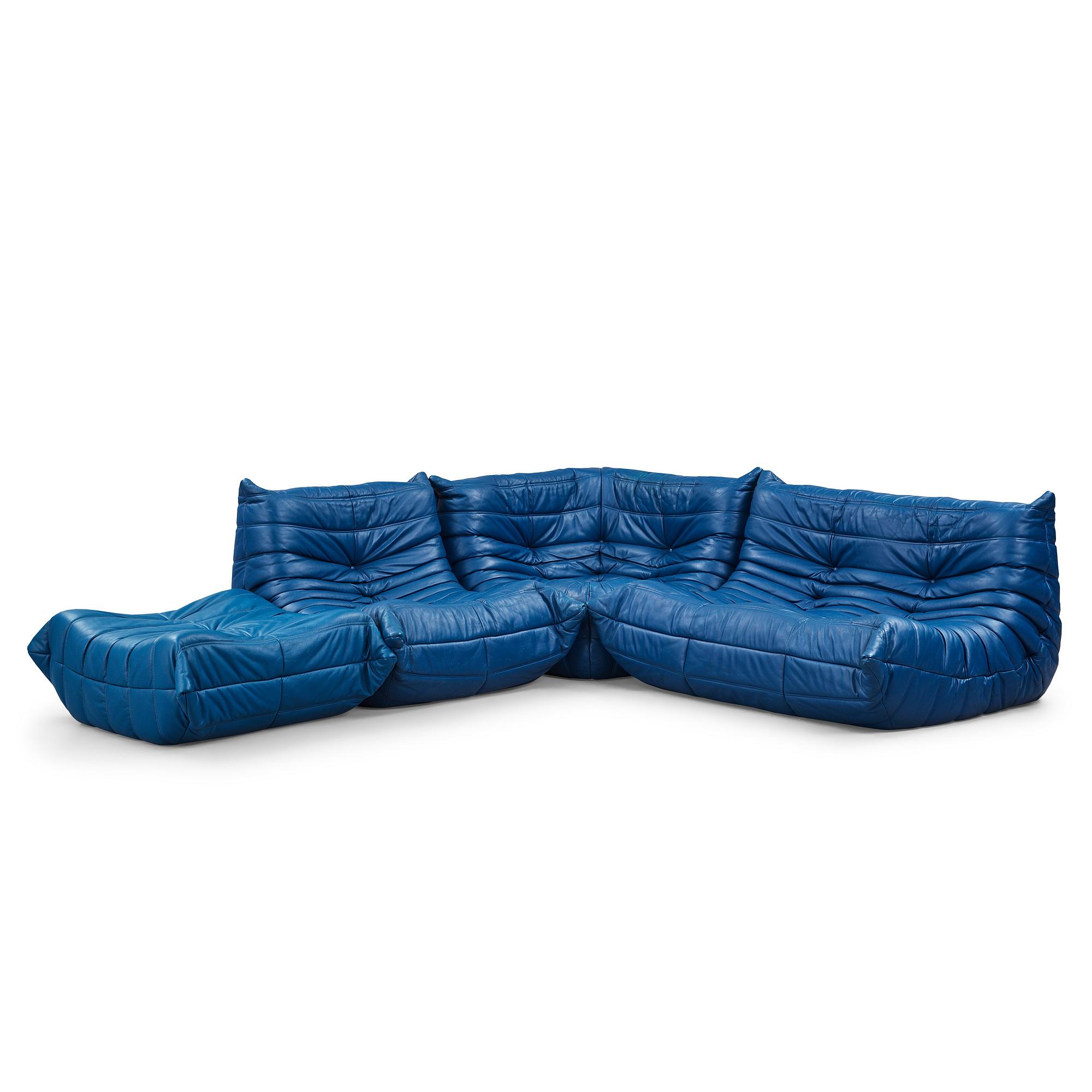 Michel Ducaroy, a blue leather 'Togo' sofa, Ligne Roset, France, presumably 1980s.