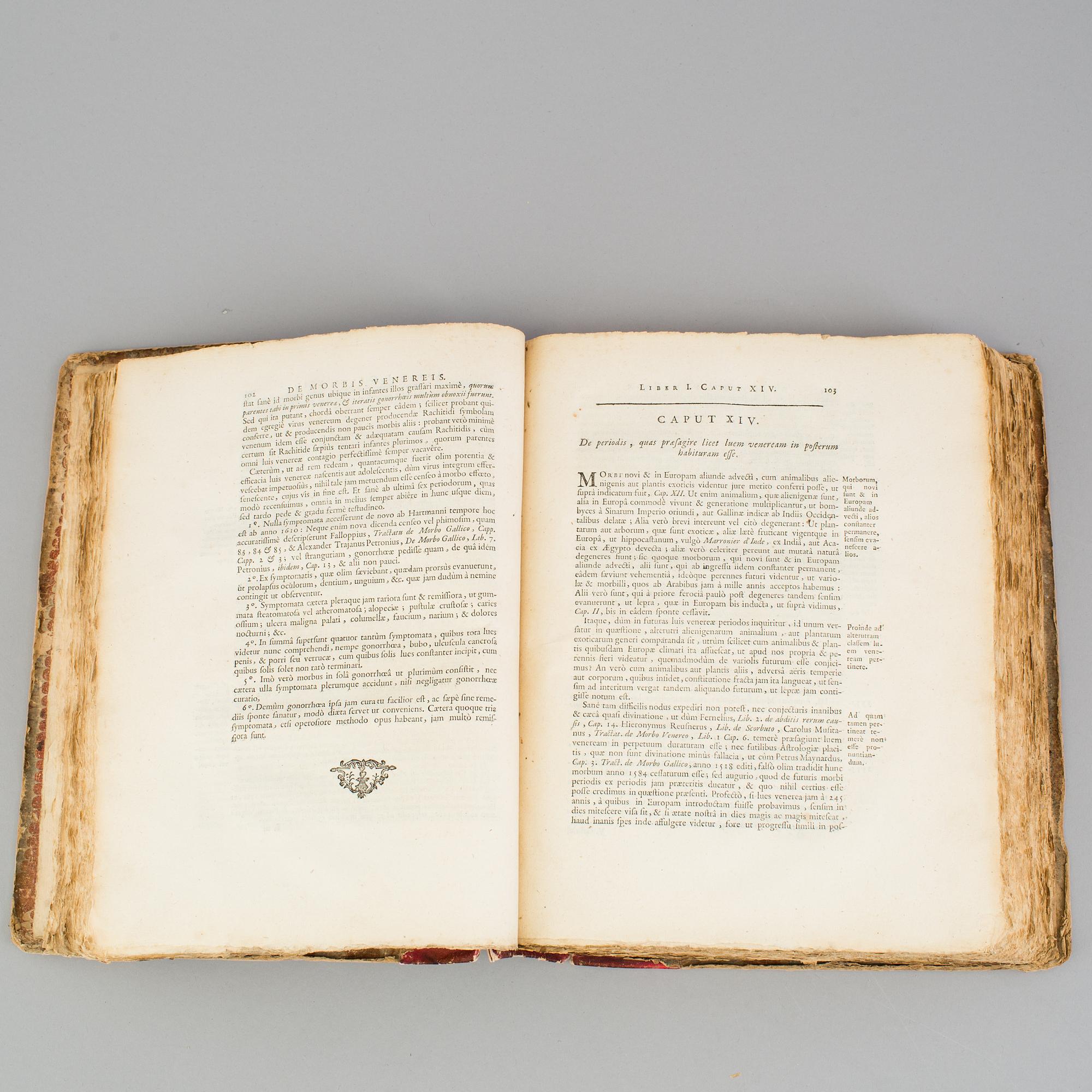 A book on venereal diseases, "De Morbis Venereis", Jean Astruc. Printed in Paris in 1740.