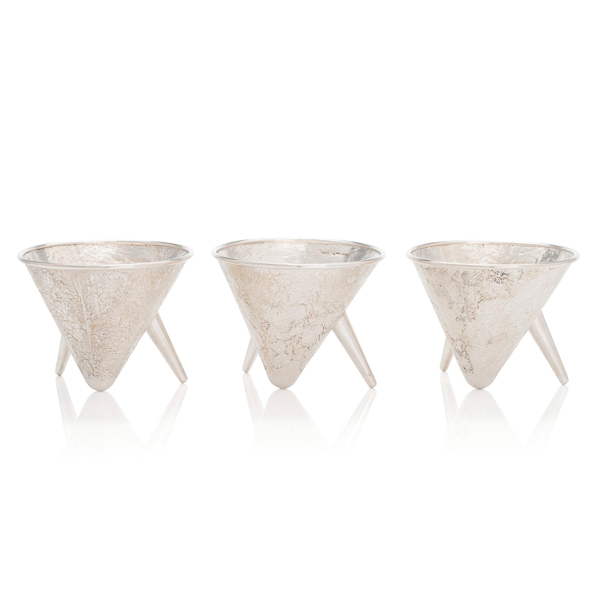 Pekka Turtiainen, a set of three silver bowls, samorodok technique, Finland 1995.