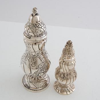 Sugar and salt shakers, Rococo style, silver, Swedish import marks, 20th century.