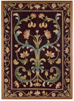 265. An embroidery on velvet, ca 89,5 x 64 cm, probably Italy 17th-18th century.