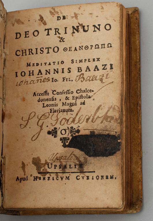 BOK, 3 st sambundna, bla "De Deo Trinuno & Christo..." av Johannes Baazius, Uppsala. 1600-tal.