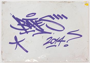 BATES, spray, marker & stickers on metallic sign, signed and dated on verso, 2014.