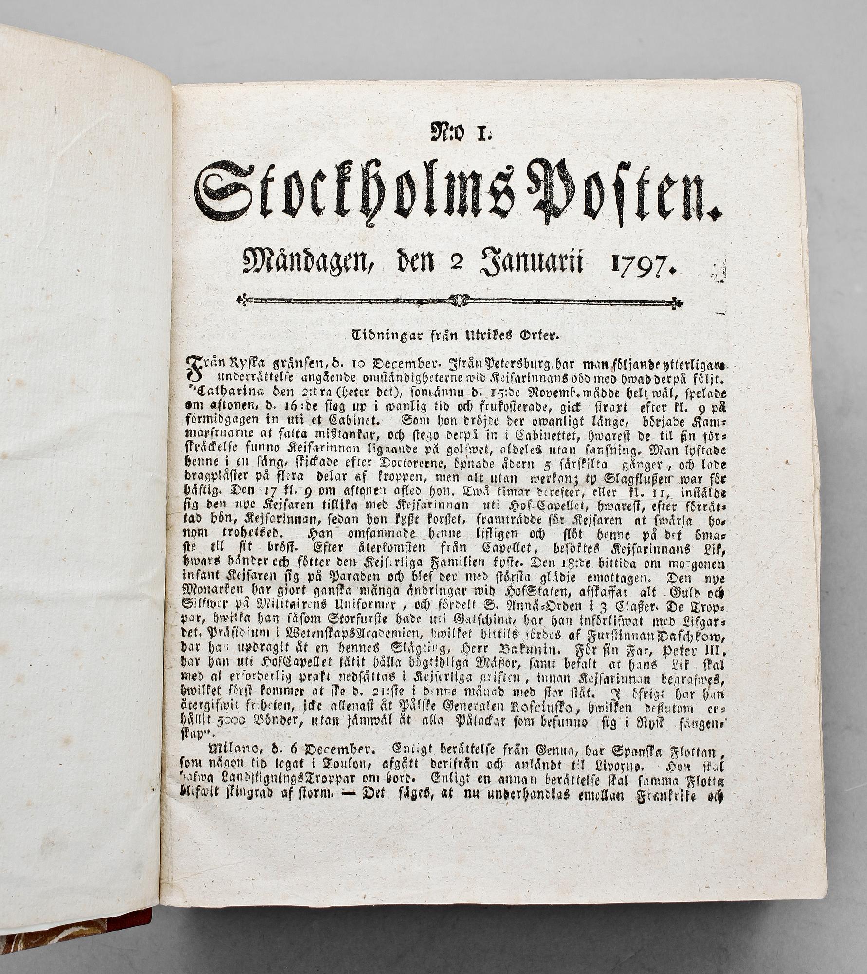 BOK, inbunden årgång av tidningen "Stockholms Posten 1797".