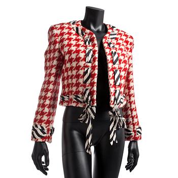 MOSCHINO CHEAP AND CHIC, a red and white houndstooth wool blend jacket.