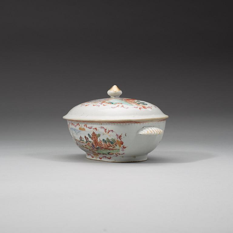 A famille rose 'European Subject' tureen with cover and stand, Qing dynasty, Qianlong (1736-95).