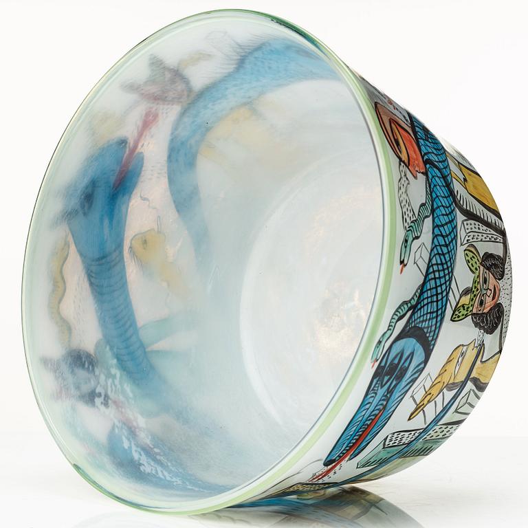 Ulrica Hydman-Vallien, a unique painted glass bowl, Kosta, Sweden 1980’s.