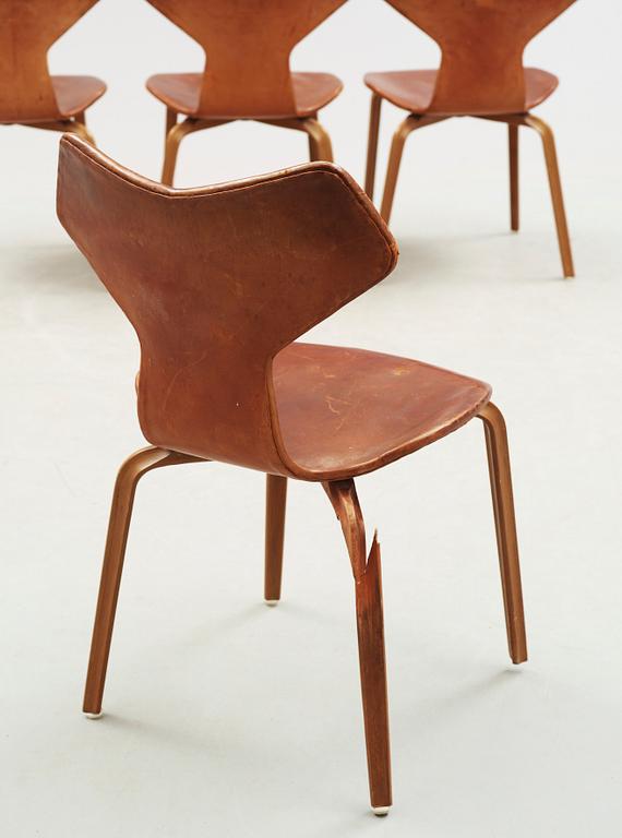 Three Arne Jacobsen teak and brown leather 'Grand Prix' chairs, Fritz Hansen, Denmark 1950's-60's.