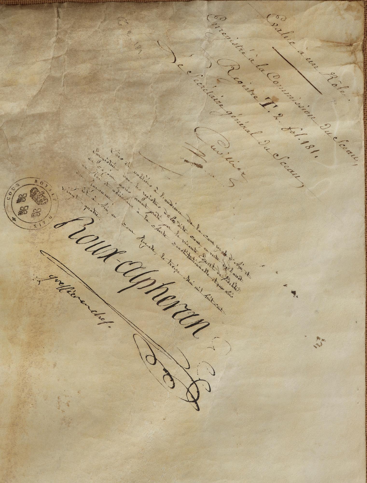 KONFIRMATIONSBREV, på pergament, egenhändigt undertecknat av Konung Ludvig XVIII av Frankrike & Navarre, 1814-1824.