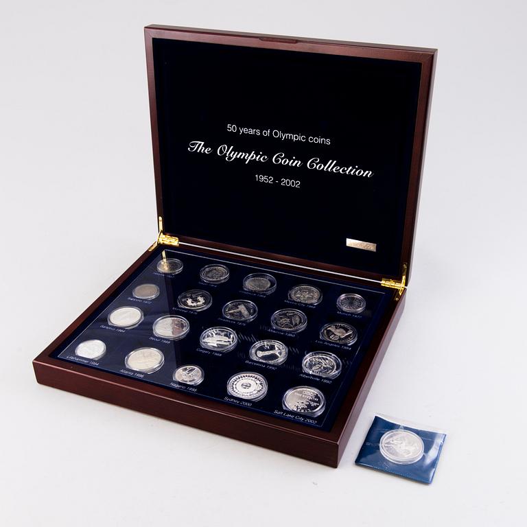 Set of Olympic coins, 21 pcs, partly silver, Olympic Coin Collection 1952-2002 boxed set and Athens 2004.