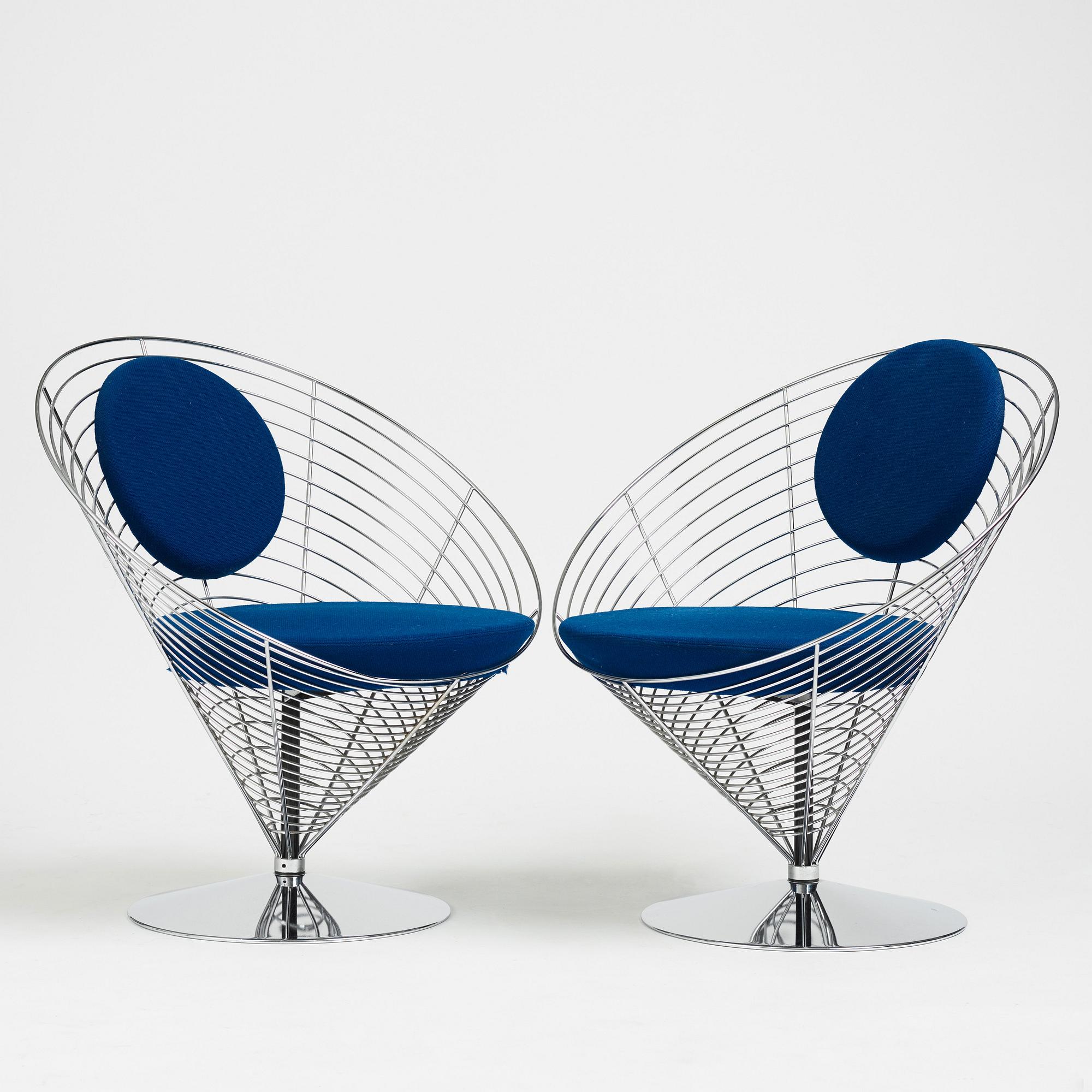 Verner Panton, fåtöljer ett par, "Wire Cone Chair", Fritz Hansen, Danmark 1989.