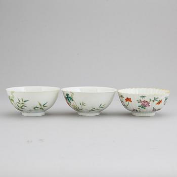 A set of three famille rose bowls, China, 20th Century.