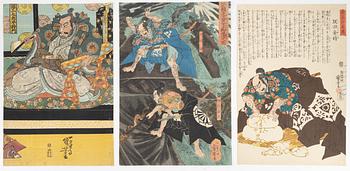 Utagawa Kuniyoshi, three woodblock prints in colours, mid 19th Century.