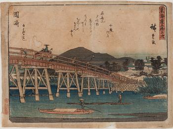Ando Utagawa Hiroshige, efter, träsnitt, Okazaki: Yahagi Bridge.