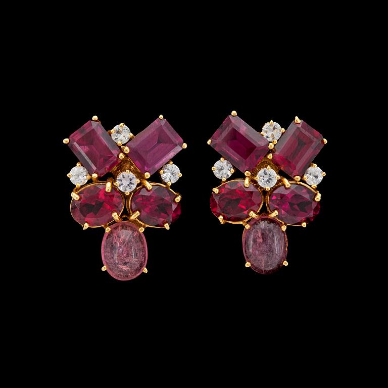 A pair of tourmaline, spessartite garnet and white sapphire earrings.