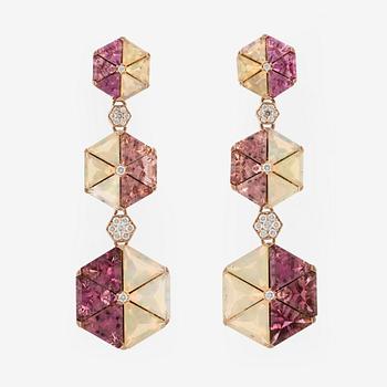 Earrings with opals, pink tourmalines, and brilliant-cut diamonds.