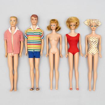 Barbiedockor, 5 st, bl a "Barbie Fashion Queen", "Midge", & "Ken", Mattel, 1960-tal.