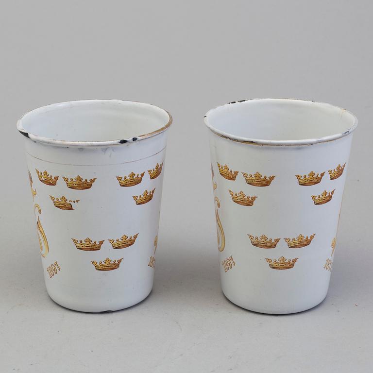 A pair memorial enamel cup in memory of Kin Oscar II's 25 years on the trone, 1872-1897, produced by Kockums.