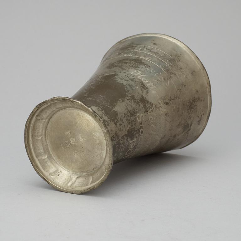 A Swedish pewter goblet made for the Stockholm hat makers journeyman's guild, by Israel Buhrman 1801.