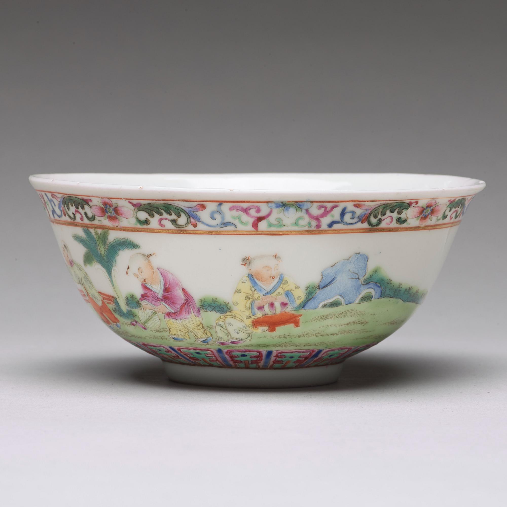 A Chinese famille rose 'boys' bowl, presumably Republic, with Xuantongs mark.