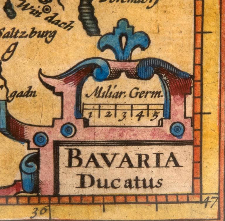 Johannes Janssonius's map "Bavaria Ducatus", 16th/17th century coloured copper engraving.