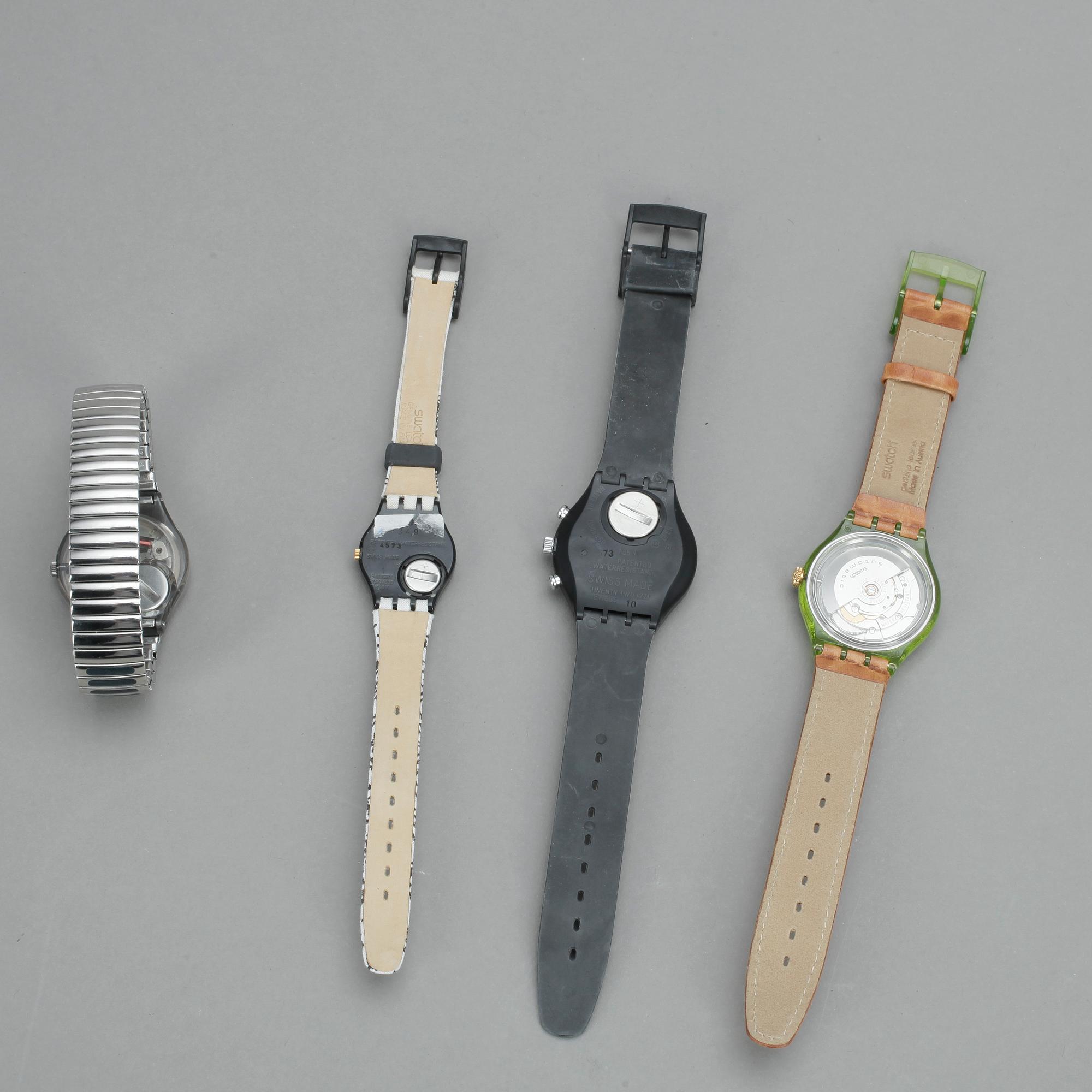 SWATCHKLOCKOR, 4st, plast, "Black Friday", "Garage", "Gran Via", "Screw Driver L", ca 1991-1994.