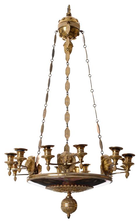 An Empire/Empire-style twelve-light hanging lamp.