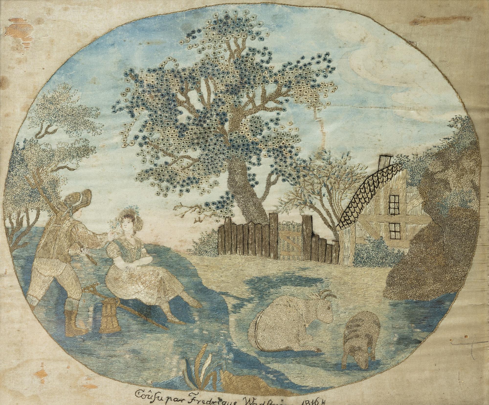 Side embroideries, 2 pcs, of which one is signed, Empire, early 19th century.